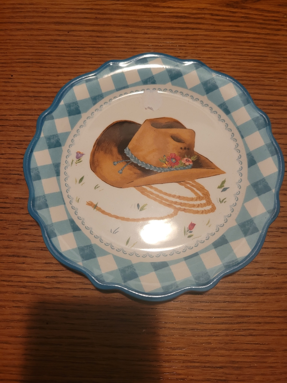 Blue Gingham Ceramic App Plate with Cowboy Hat Pioneer Woman
